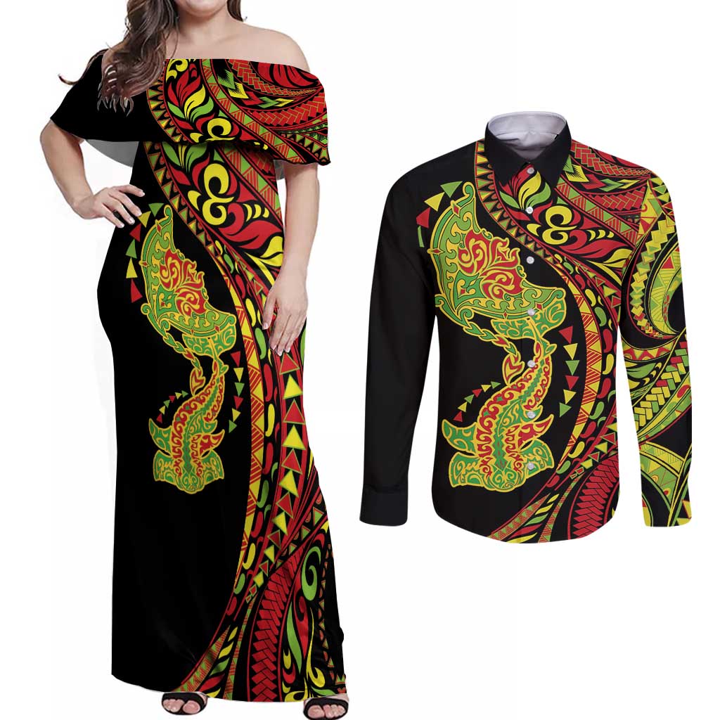 Hawaiian Manta Ray and Hammerhead Shark Tribal Tattoo Couples Matching Off Shoulder Maxi Dress and Long Sleeve Button Shirt with Polynesian Tribal Pattern Kanaka Maoli Flag Color