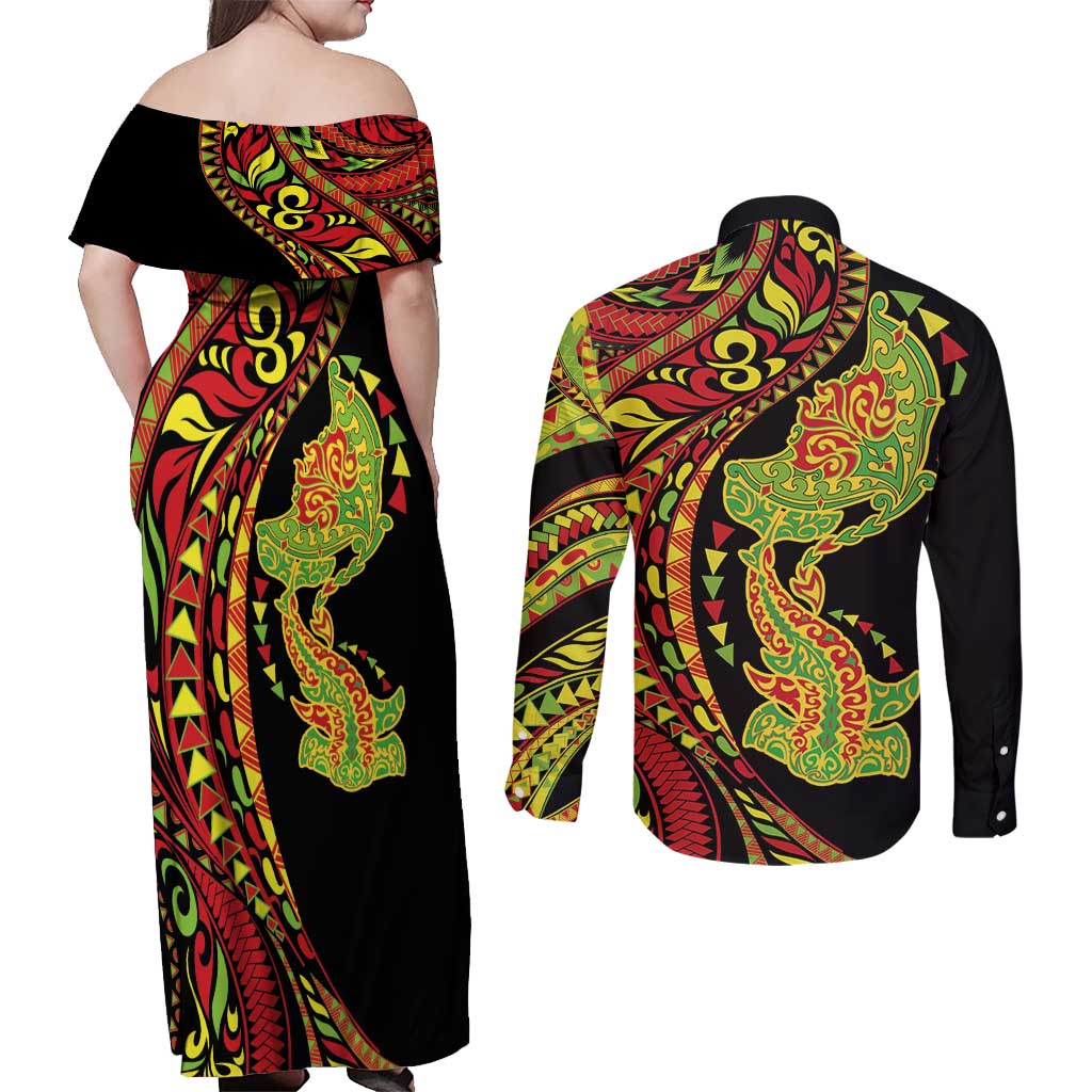 Hawaiian Manta Ray and Hammerhead Shark Tribal Tattoo Couples Matching Off Shoulder Maxi Dress and Long Sleeve Button Shirt with Polynesian Tribal Pattern Kanaka Maoli Flag Color