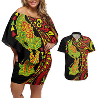 Hawaiian Manta Ray and Hammerhead Shark Tribal Tattoo Couples Matching Off Shoulder Short Dress and Hawaiian Shirt with Polynesian Tribal Pattern Kanaka Maoli Flag Color