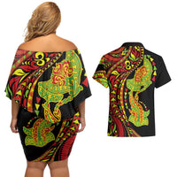 Hawaiian Manta Ray and Hammerhead Shark Tribal Tattoo Couples Matching Off Shoulder Short Dress and Hawaiian Shirt with Polynesian Tribal Pattern Kanaka Maoli Flag Color