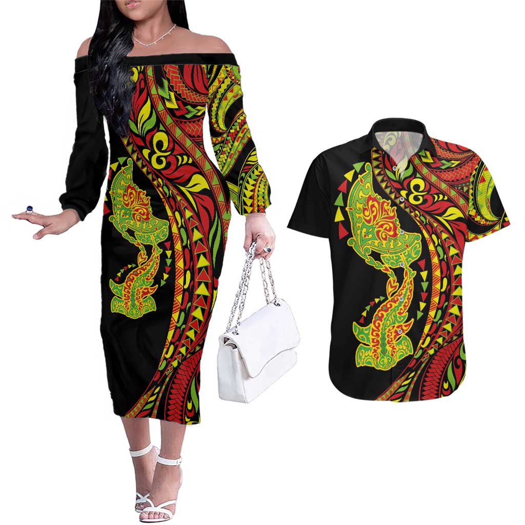 Hawaiian Manta Ray and Hammerhead Shark Tribal Tattoo Couples Matching Off The Shoulder Long Sleeve Dress and Hawaiian Shirt with Polynesian Tribal Pattern Kanaka Maoli Flag Color
