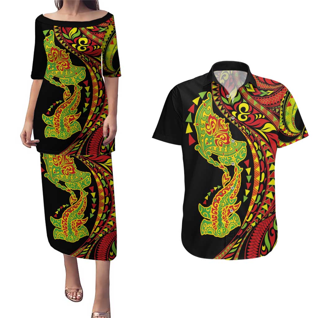 Hawaiian Manta Ray and Hammerhead Shark Tribal Tattoo Couples Matching Puletasi and Hawaiian Shirt with Polynesian Tribal Pattern Kanaka Maoli Flag Color