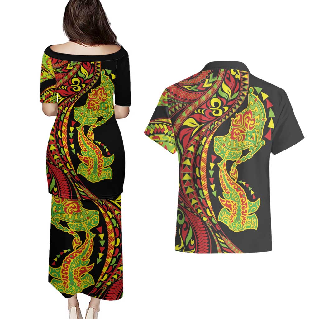 Hawaiian Manta Ray and Hammerhead Shark Tribal Tattoo Couples Matching Puletasi and Hawaiian Shirt with Polynesian Tribal Pattern Kanaka Maoli Flag Color