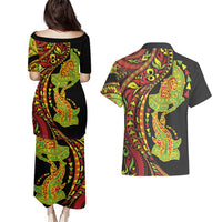 Hawaiian Manta Ray and Hammerhead Shark Tribal Tattoo Couples Matching Puletasi and Hawaiian Shirt with Polynesian Tribal Pattern Kanaka Maoli Flag Color