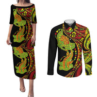 Hawaiian Manta Ray and Hammerhead Shark Tribal Tattoo Couples Matching Puletasi and Long Sleeve Button Shirt with Polynesian Tribal Pattern Kanaka Maoli Flag Color