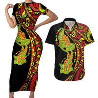 Hawaiian Manta Ray and Hammerhead Shark Tribal Tattoo Couples Matching Short Sleeve Bodycon Dress and Hawaiian Shirt with Polynesian Tribal Pattern Kanaka Maoli Flag Color