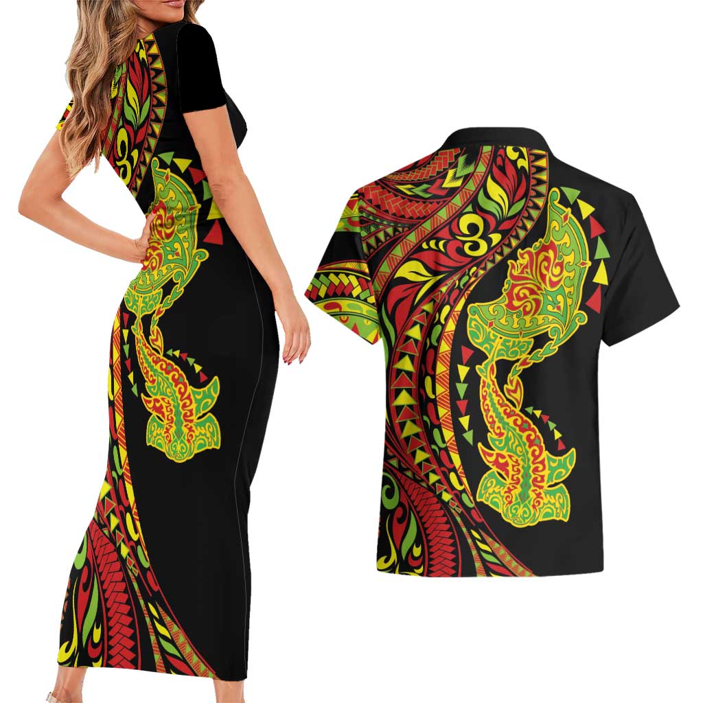 Hawaiian Manta Ray and Hammerhead Shark Tribal Tattoo Couples Matching Short Sleeve Bodycon Dress and Hawaiian Shirt with Polynesian Tribal Pattern Kanaka Maoli Flag Color