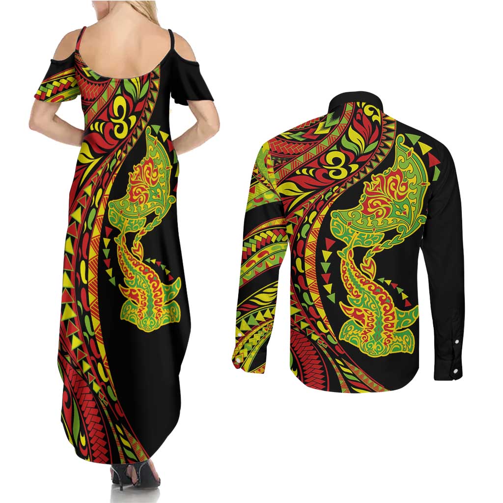 Hawaiian Manta Ray and Hammerhead Shark Tribal Tattoo Couples Matching Summer Maxi Dress and Long Sleeve Button Shirt with Polynesian Tribal Pattern Kanaka Maoli Flag Color
