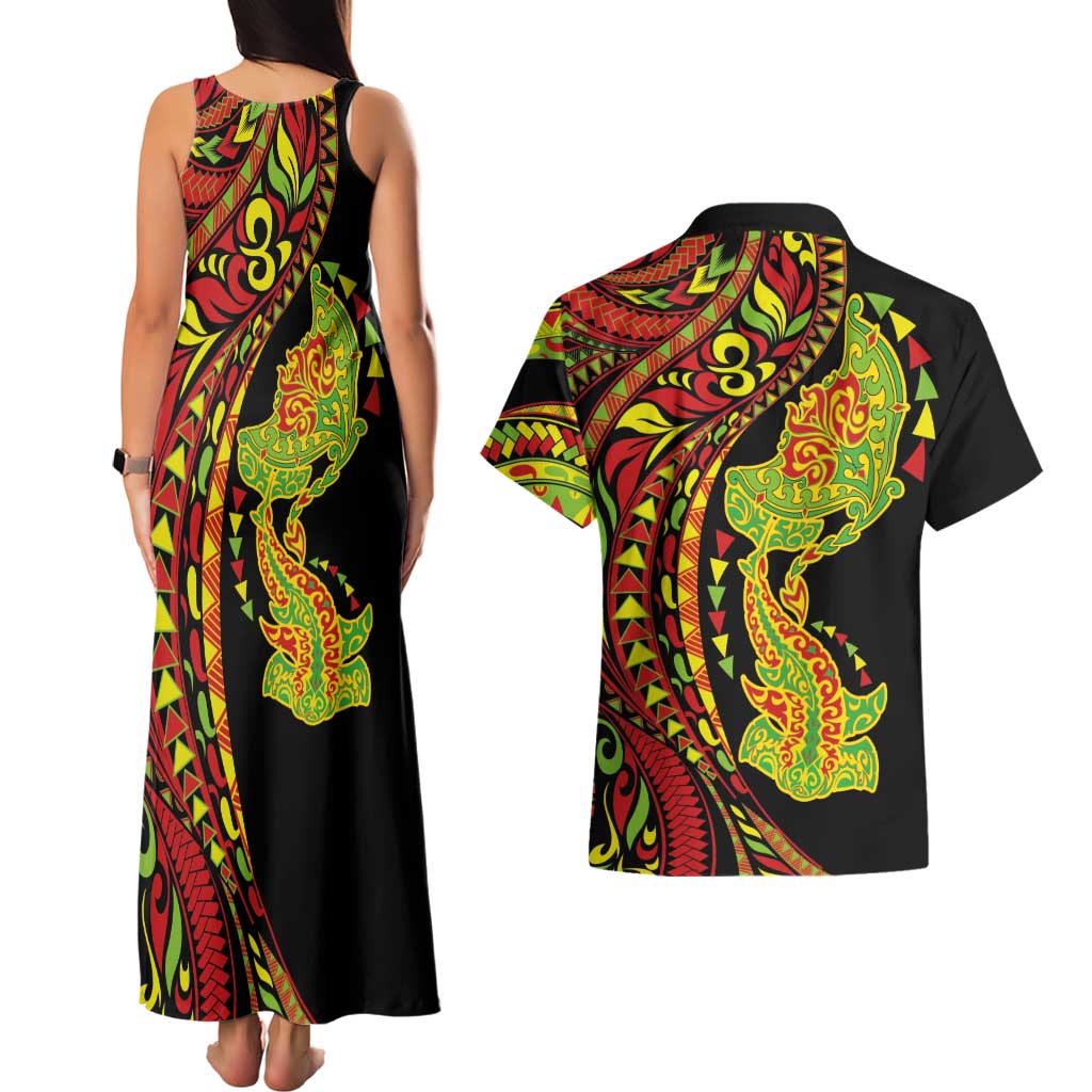 Hawaiian Manta Ray and Hammerhead Shark Tribal Tattoo Couples Matching Tank Maxi Dress and Hawaiian Shirt with Polynesian Tribal Pattern Kanaka Maoli Flag Color