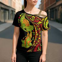 Hawaiian Manta Ray and Hammerhead Shark Tribal Tattoo Cross Shoulder Shirt with Polynesian Tribal Pattern Kanaka Maoli Flag Color