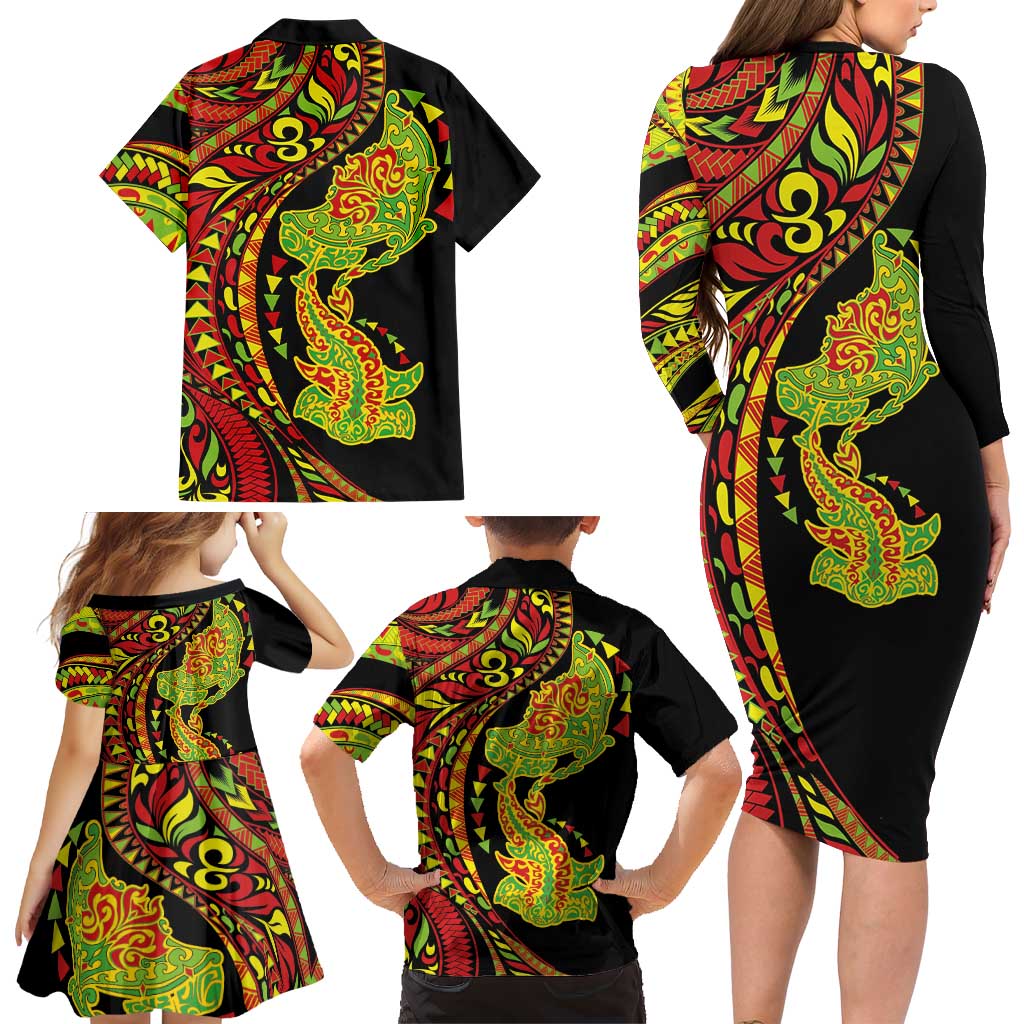 Hawaiian Manta Ray and Hammerhead Shark Tribal Tattoo Family Matching Long Sleeve Bodycon Dress and Hawaiian Shirt with Polynesian Tribal Pattern Kanaka Maoli Flag Color