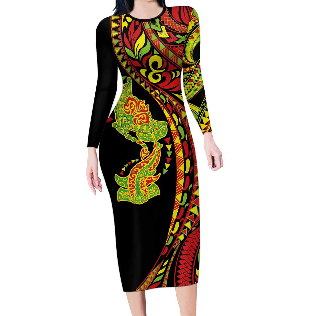 Hawaiian Manta Ray and Hammerhead Shark Tribal Tattoo Family Matching Long Sleeve Bodycon Dress and Hawaiian Shirt with Polynesian Tribal Pattern Kanaka Maoli Flag Color