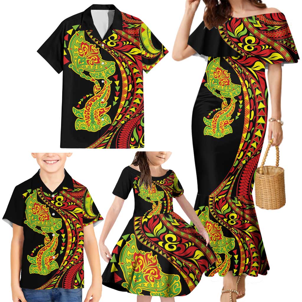 Hawaiian Manta Ray and Hammerhead Shark Tribal Tattoo Family Matching Mermaid Dress and Hawaiian Shirt with Polynesian Tribal Pattern Kanaka Maoli Flag Color