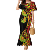 Hawaiian Manta Ray and Hammerhead Shark Tribal Tattoo Family Matching Mermaid Dress and Hawaiian Shirt with Polynesian Tribal Pattern Kanaka Maoli Flag Color