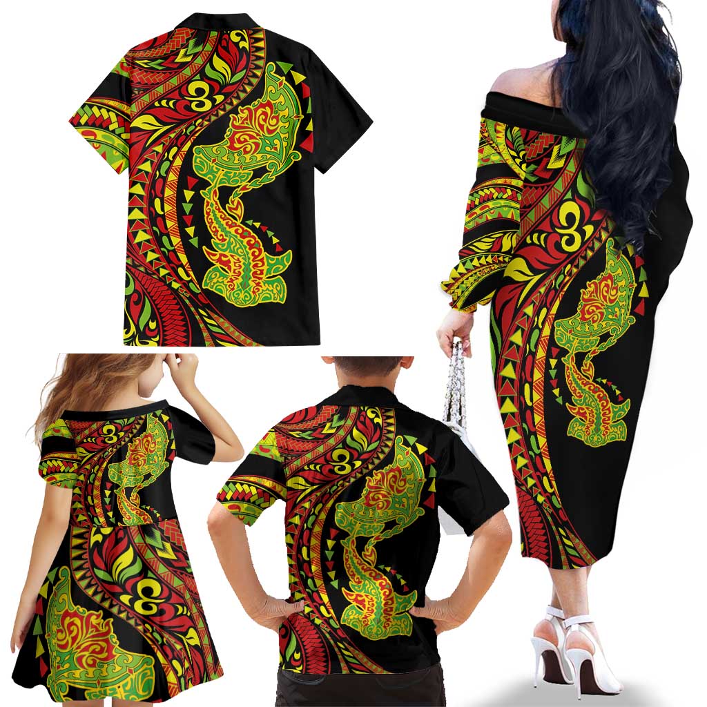 Hawaiian Manta Ray and Hammerhead Shark Tribal Tattoo Family Matching Off The Shoulder Long Sleeve Dress and Hawaiian Shirt with Polynesian Tribal Pattern Kanaka Maoli Flag Color