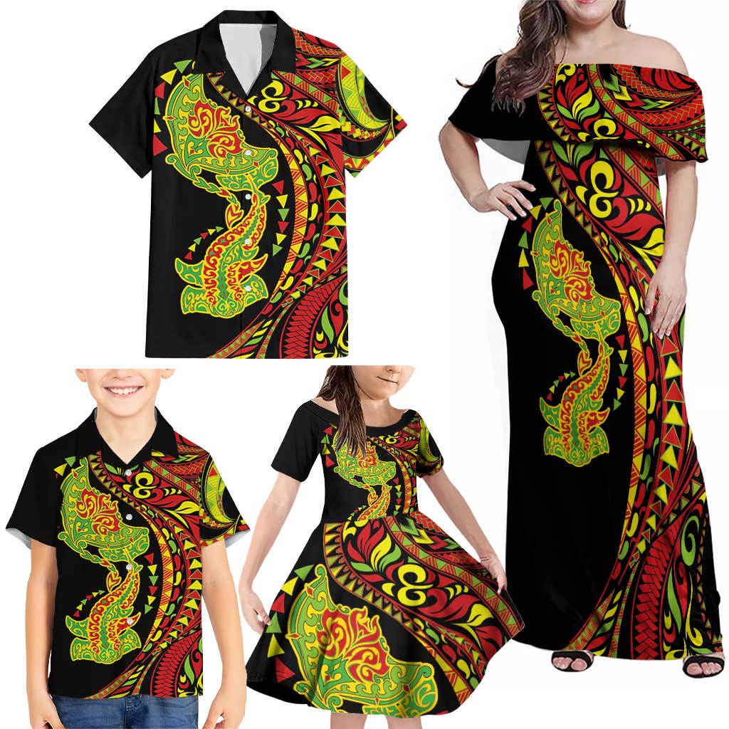 Hawaiian Manta Ray and Hammerhead Shark Tribal Tattoo Family Matching Off Shoulder Maxi Dress and Hawaiian Shirt with Polynesian Tribal Pattern Kanaka Maoli Flag Color