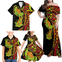 Hawaiian Manta Ray and Hammerhead Shark Tribal Tattoo Family Matching Off Shoulder Maxi Dress and Hawaiian Shirt with Polynesian Tribal Pattern Kanaka Maoli Flag Color