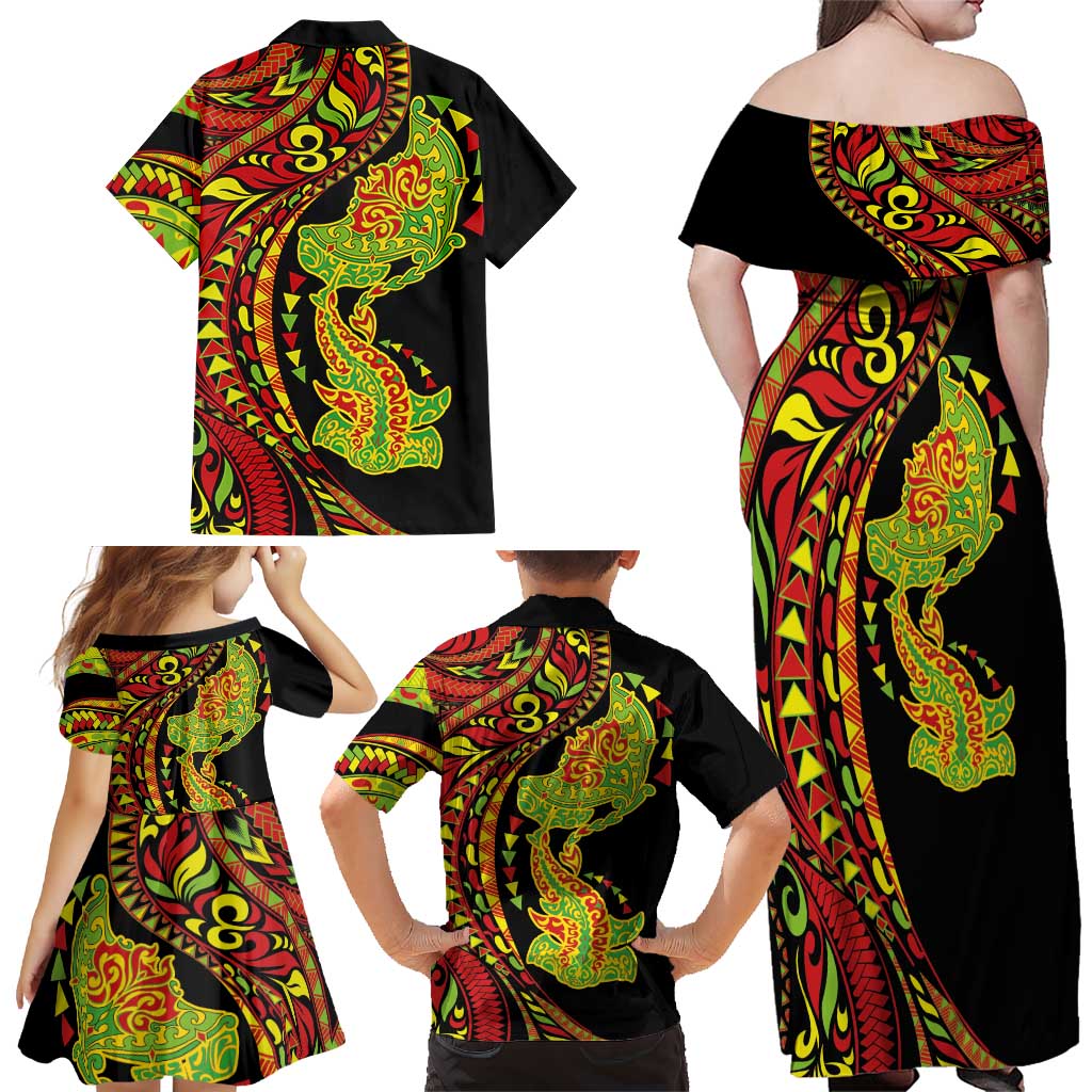 Hawaiian Manta Ray and Hammerhead Shark Tribal Tattoo Family Matching Off Shoulder Maxi Dress and Hawaiian Shirt with Polynesian Tribal Pattern Kanaka Maoli Flag Color