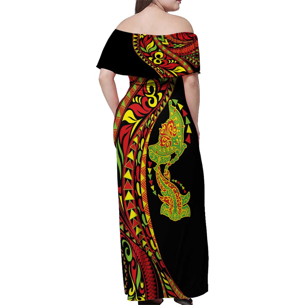 Hawaiian Manta Ray and Hammerhead Shark Tribal Tattoo Family Matching Off Shoulder Maxi Dress and Hawaiian Shirt with Polynesian Tribal Pattern Kanaka Maoli Flag Color