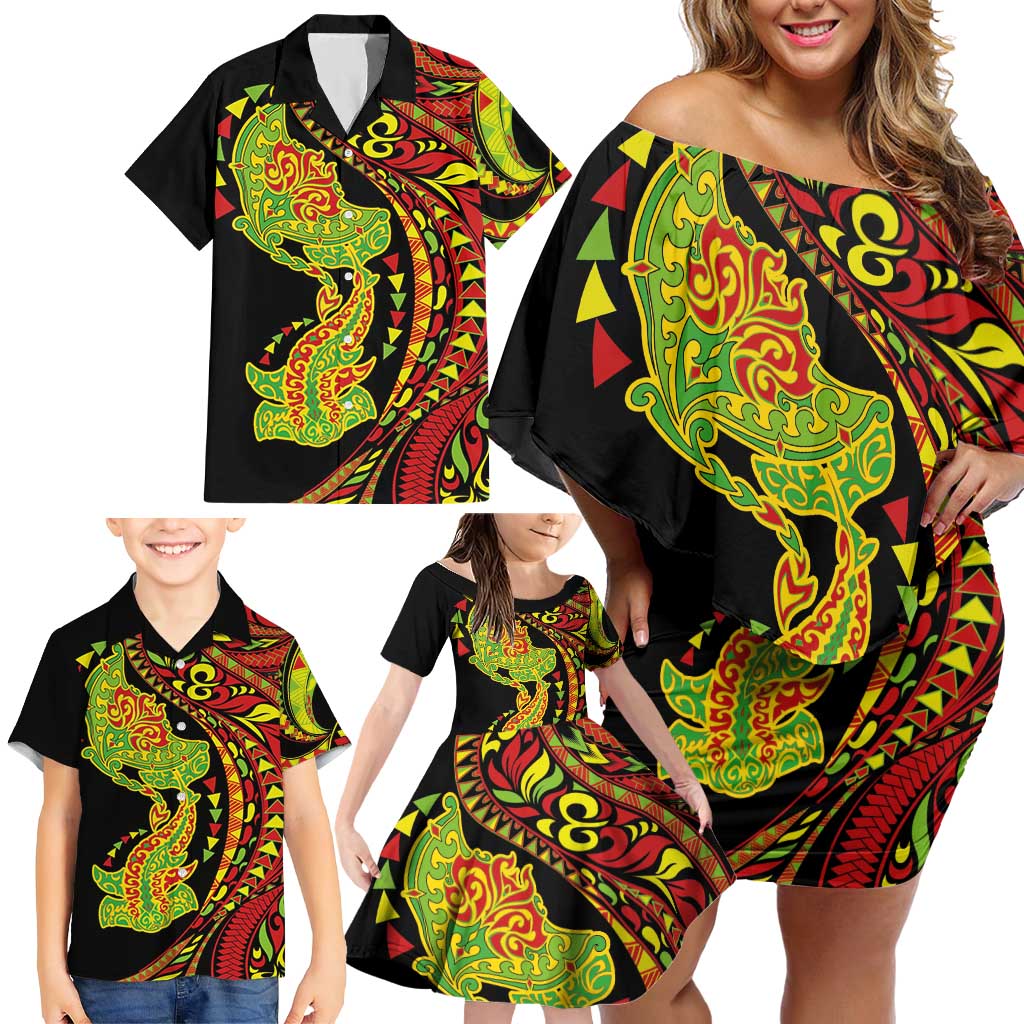 Hawaiian Manta Ray and Hammerhead Shark Tribal Tattoo Family Matching Off Shoulder Short Dress and Hawaiian Shirt with Polynesian Tribal Pattern Kanaka Maoli Flag Color