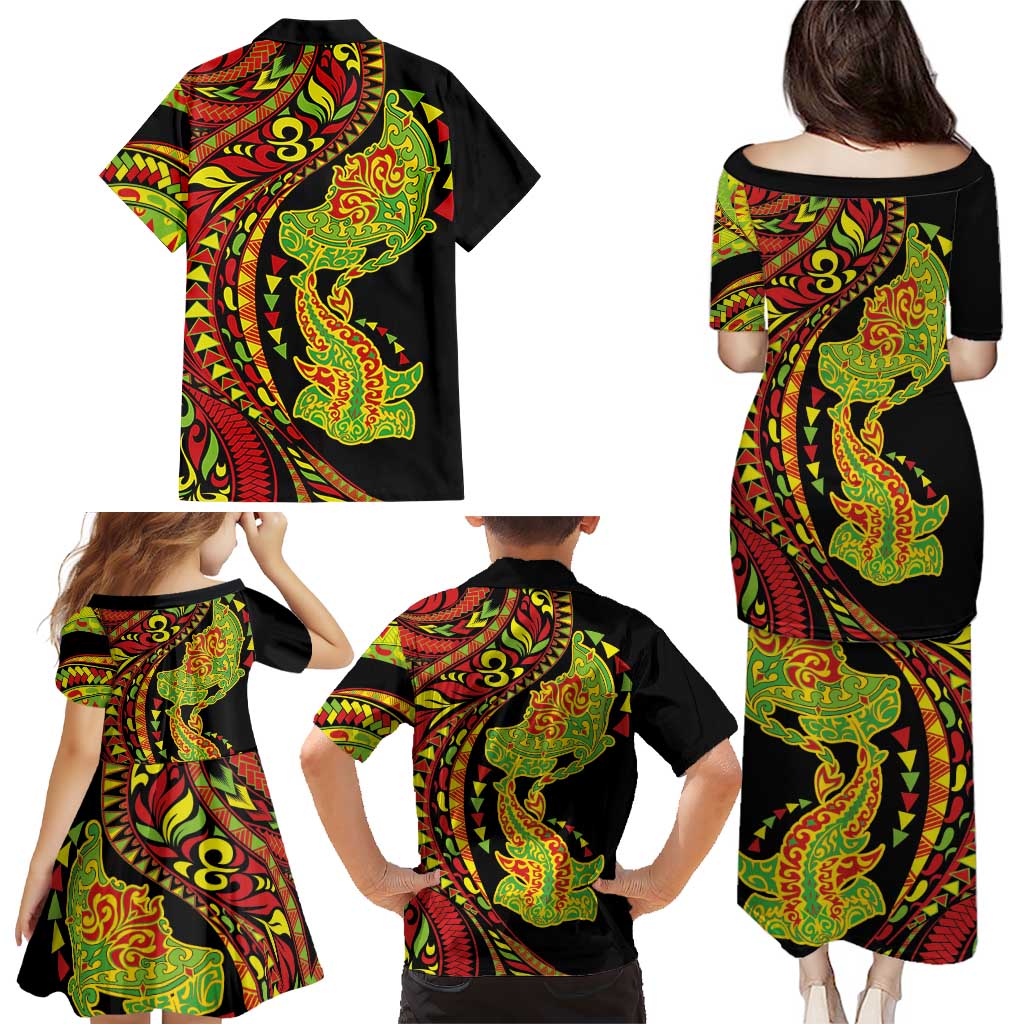 Hawaiian Manta Ray and Hammerhead Shark Tribal Tattoo Family Matching Puletasi and Hawaiian Shirt with Polynesian Tribal Pattern Kanaka Maoli Flag Color