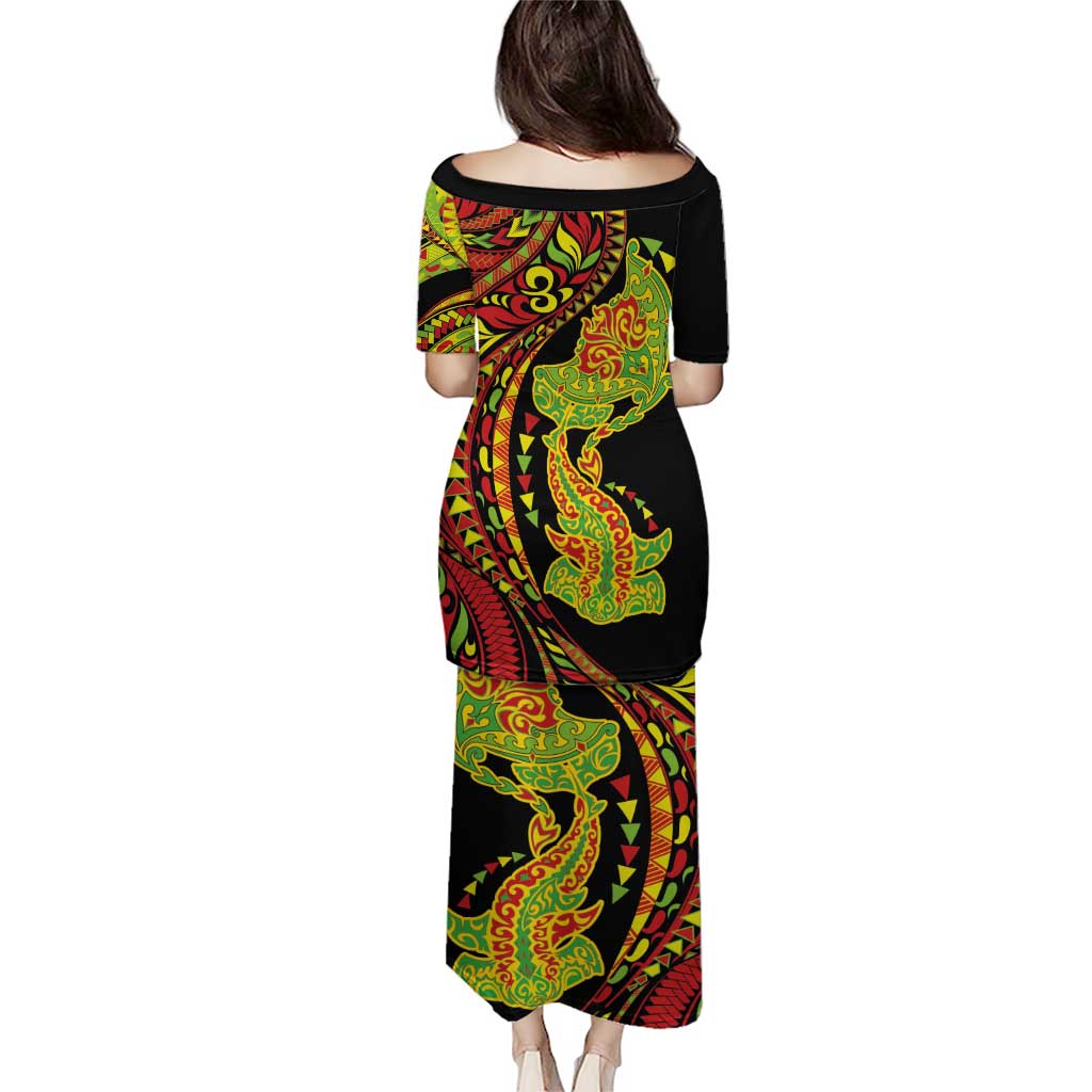 Hawaiian Manta Ray and Hammerhead Shark Tribal Tattoo Family Matching Puletasi and Hawaiian Shirt with Polynesian Tribal Pattern Kanaka Maoli Flag Color
