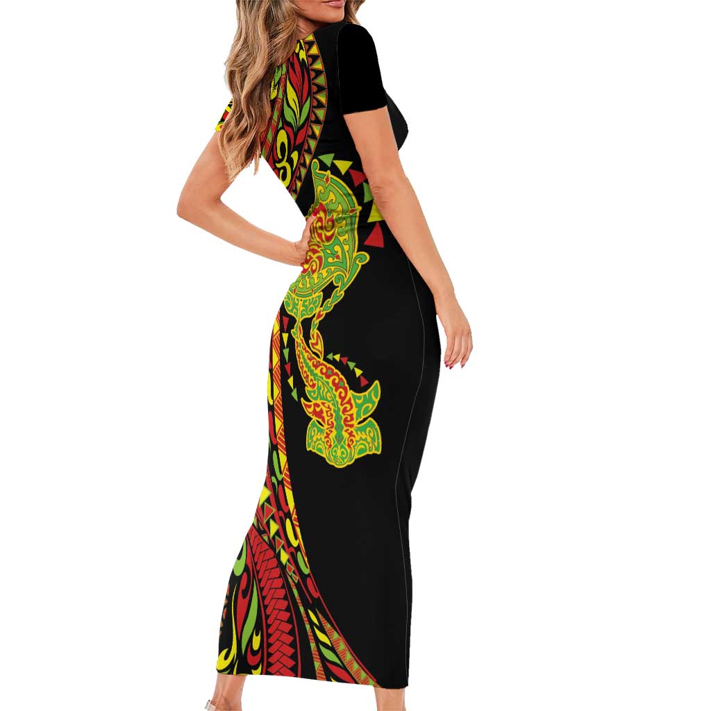 Hawaiian Manta Ray and Hammerhead Shark Tribal Tattoo Family Matching Short Sleeve Bodycon Dress and Hawaiian Shirt with Polynesian Tribal Pattern Kanaka Maoli Flag Color