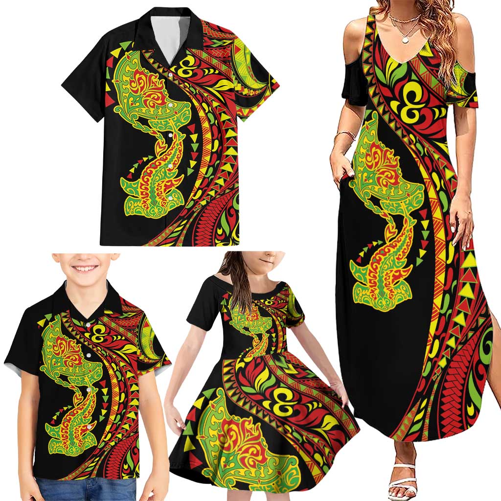 Hawaiian Manta Ray and Hammerhead Shark Tribal Tattoo Family Matching Summer Maxi Dress and Hawaiian Shirt with Polynesian Tribal Pattern Kanaka Maoli Flag Color