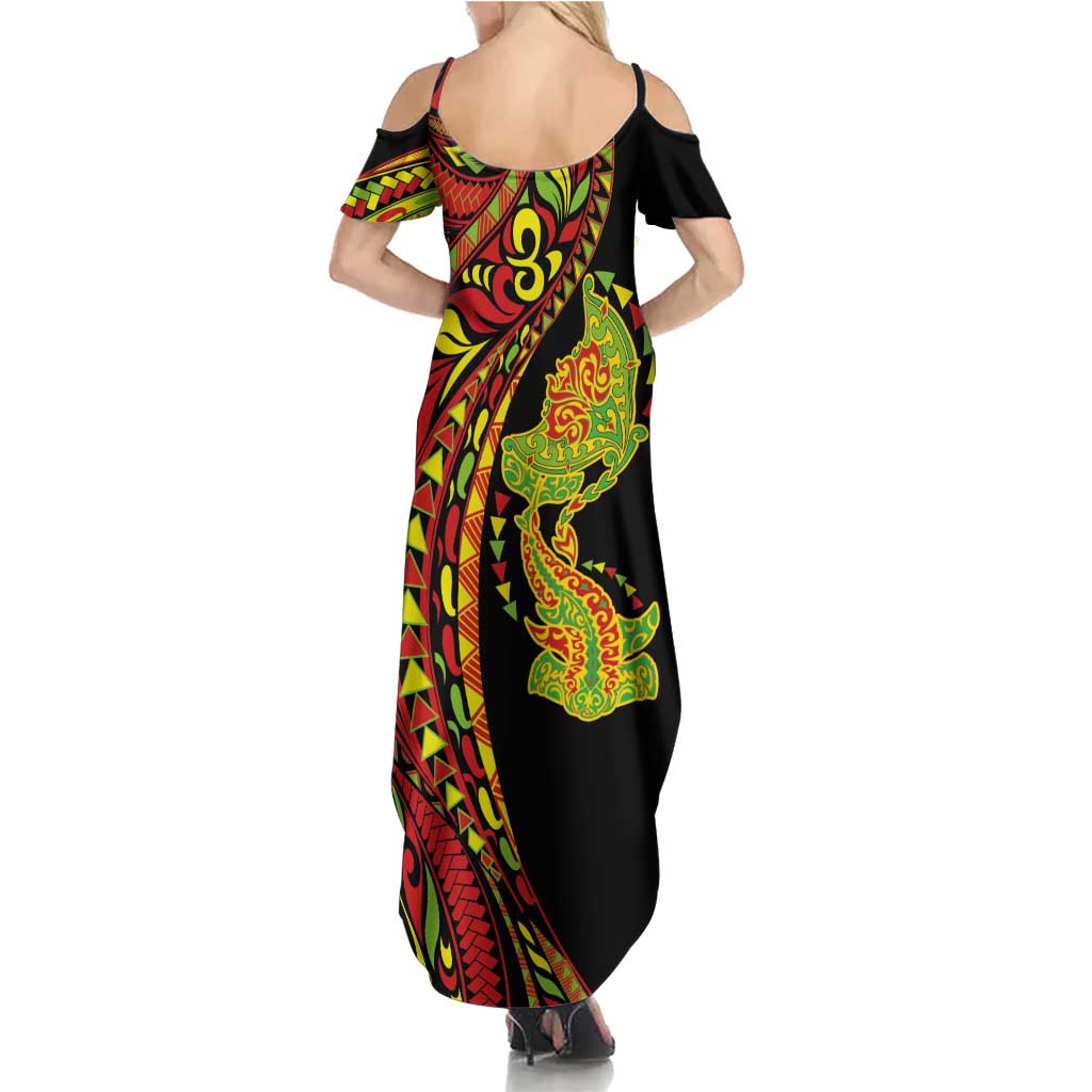 Hawaiian Manta Ray and Hammerhead Shark Tribal Tattoo Family Matching Summer Maxi Dress and Hawaiian Shirt with Polynesian Tribal Pattern Kanaka Maoli Flag Color