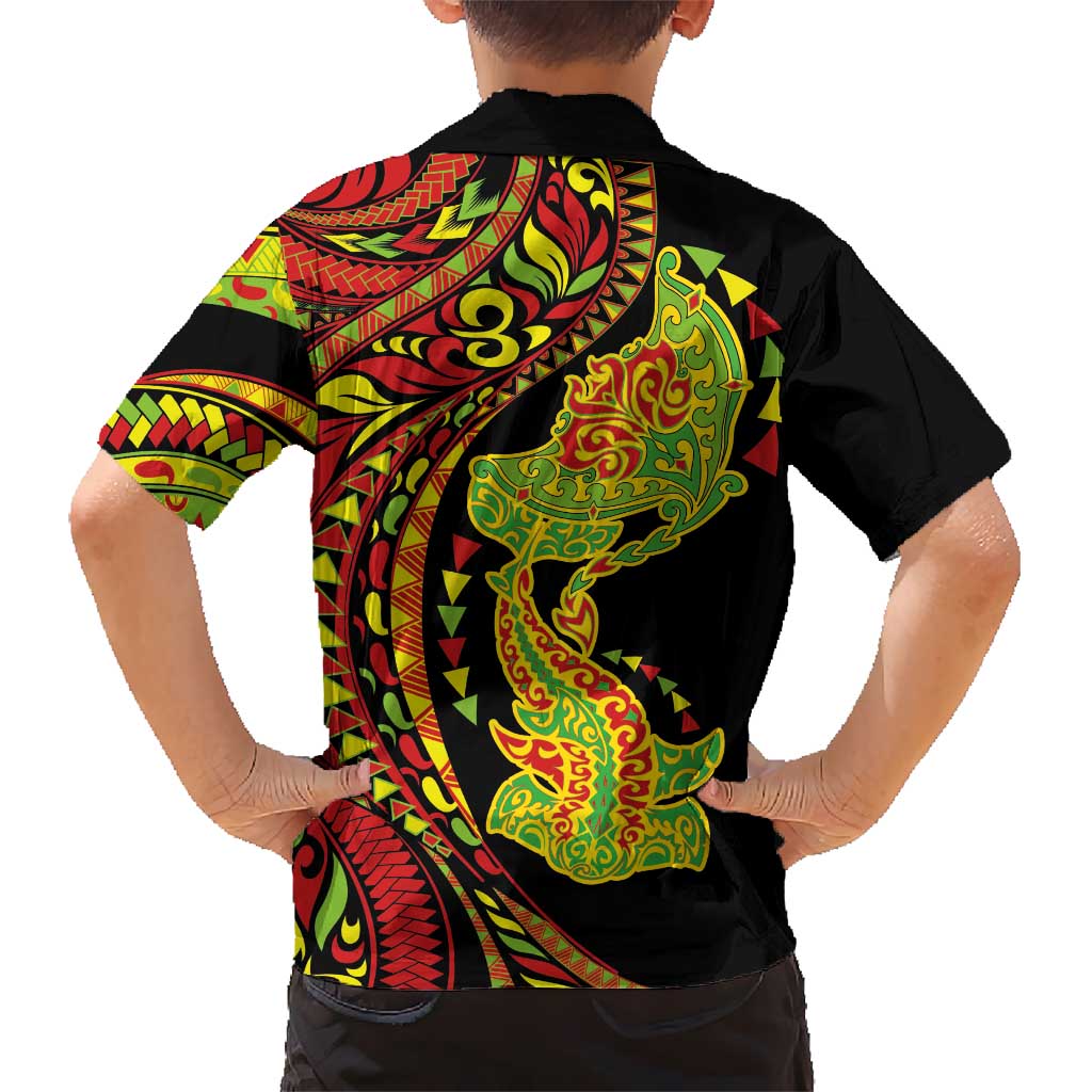 Hawaiian Manta Ray and Hammerhead Shark Tribal Tattoo Family Matching Tank Maxi Dress and Hawaiian Shirt with Polynesian Tribal Pattern Kanaka Maoli Flag Color LT03 - Polynesian Pride