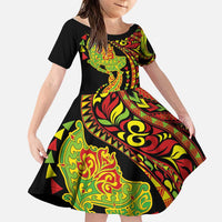Hawaiian Manta Ray and Hammerhead Shark Tribal Tattoo Family Matching Tank Maxi Dress and Hawaiian Shirt with Polynesian Tribal Pattern Kanaka Maoli Flag Color LT03 Daughter's Dress Multicolor - Polynesian Pride