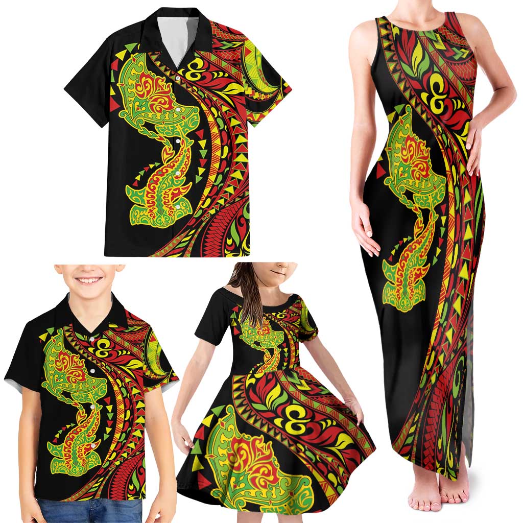 Hawaiian Manta Ray and Hammerhead Shark Tribal Tattoo Family Matching Tank Maxi Dress and Hawaiian Shirt with Polynesian Tribal Pattern Kanaka Maoli Flag Color LT03 - Polynesian Pride