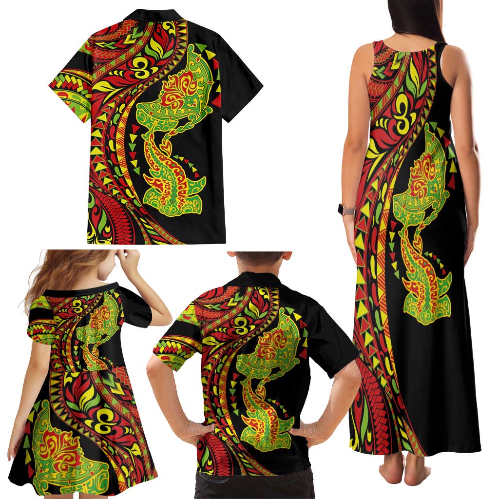 Hawaiian Manta Ray and Hammerhead Shark Tribal Tattoo Family Matching Tank Maxi Dress and Hawaiian Shirt with Polynesian Tribal Pattern Kanaka Maoli Flag Color LT03 - Polynesian Pride