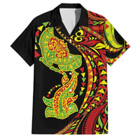 Hawaiian Manta Ray and Hammerhead Shark Tribal Tattoo Family Matching Tank Maxi Dress and Hawaiian Shirt with Polynesian Tribal Pattern Kanaka Maoli Flag Color LT03 Dad's Shirt - Short Sleeve Multicolor - Polynesian Pride