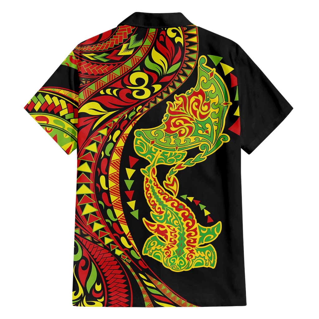 Hawaiian Manta Ray and Hammerhead Shark Tribal Tattoo Family Matching Tank Maxi Dress and Hawaiian Shirt with Polynesian Tribal Pattern Kanaka Maoli Flag Color LT03 - Polynesian Pride