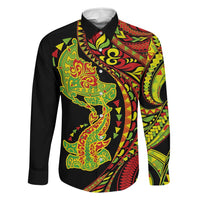 Hawaiian Manta Ray and Hammerhead Shark Tribal Tattoo Family Matching Tank Maxi Dress and Hawaiian Shirt with Polynesian Tribal Pattern Kanaka Maoli Flag Color LT03 Dad's Shirt - Long Sleeve Multicolor - Polynesian Pride