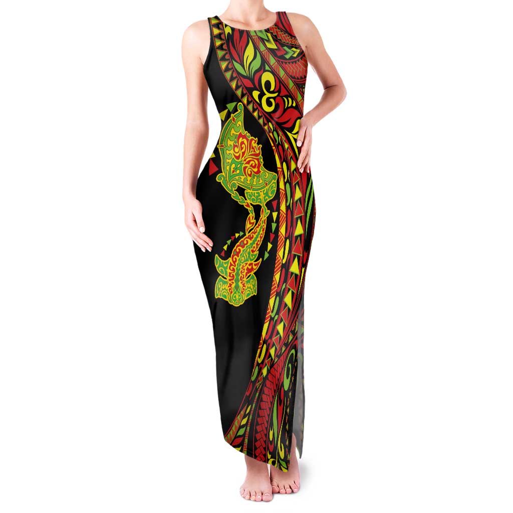 Hawaiian Manta Ray and Hammerhead Shark Tribal Tattoo Family Matching Tank Maxi Dress and Hawaiian Shirt with Polynesian Tribal Pattern Kanaka Maoli Flag Color LT03 Mom's Dress Multicolor - Polynesian Pride