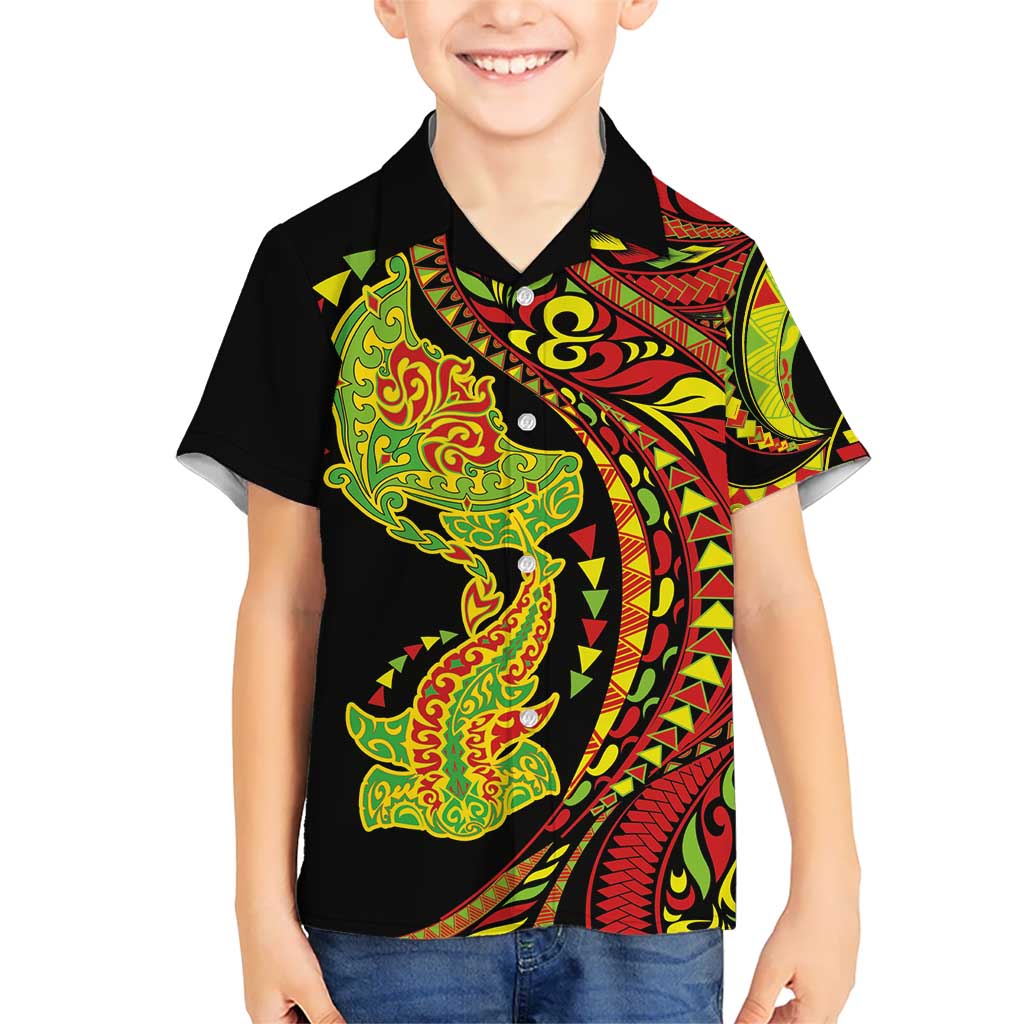 Hawaiian Manta Ray and Hammerhead Shark Tribal Tattoo Family Matching Tank Maxi Dress and Hawaiian Shirt with Polynesian Tribal Pattern Kanaka Maoli Flag Color LT03 Son's Shirt Multicolor - Polynesian Pride