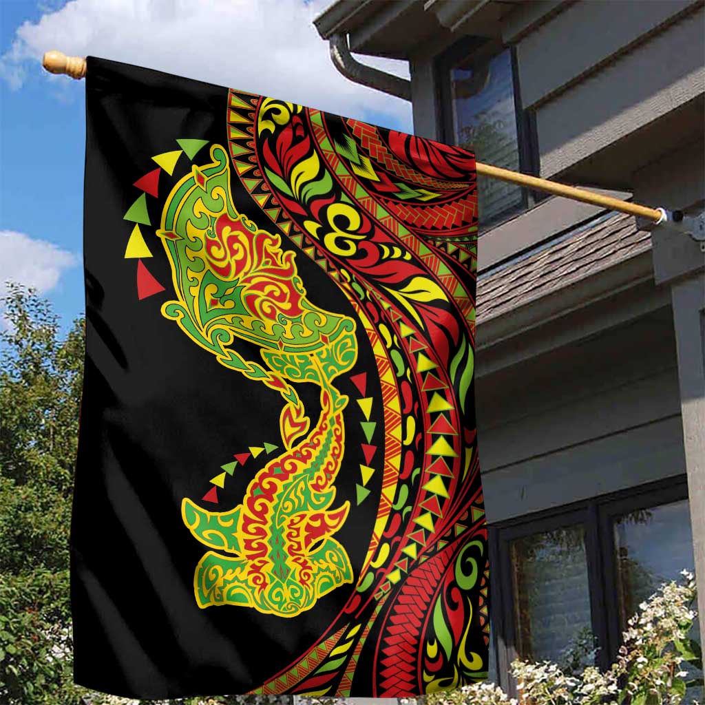Hawaiian Manta Ray and Hammerhead Shark Tribal Tattoo Garden Flag with Polynesian Tribal Pattern Kanaka Maoli Flag Color