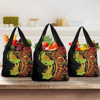 Hawaiian Manta Ray and Hammerhead Shark Tribal Tattoo Grocery Bag with Polynesian Tribal Pattern Kanaka Maoli Flag Color