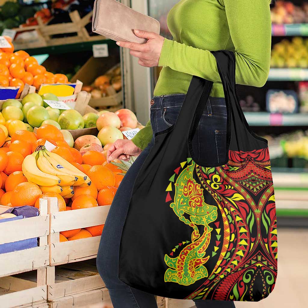 Hawaiian Manta Ray and Hammerhead Shark Tribal Tattoo Grocery Bag with Polynesian Tribal Pattern Kanaka Maoli Flag Color
