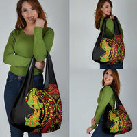 Hawaiian Manta Ray and Hammerhead Shark Tribal Tattoo Grocery Bag with Polynesian Tribal Pattern Kanaka Maoli Flag Color