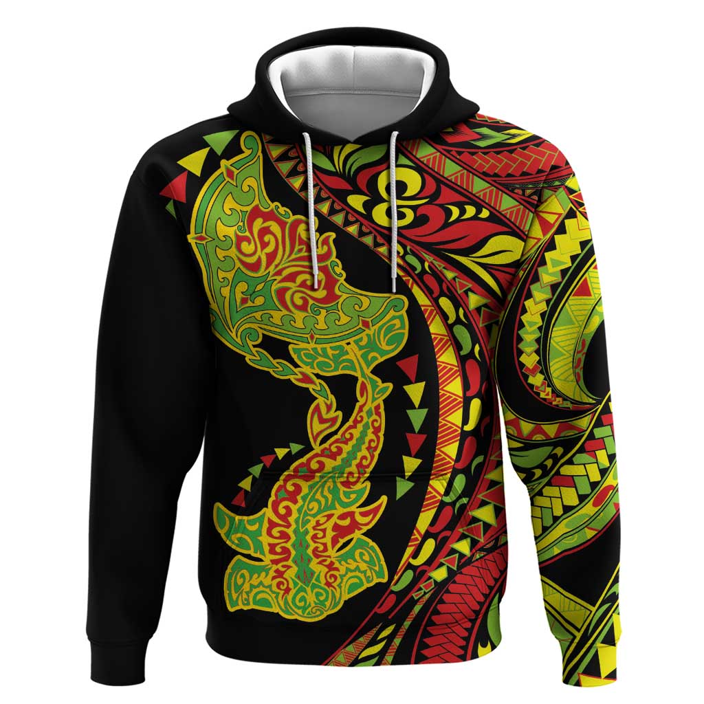 Hawaiian Manta Ray and Hammerhead Shark Tribal Tattoo Hoodie with Polynesian Tribal Pattern Kanaka Maoli Flag Color