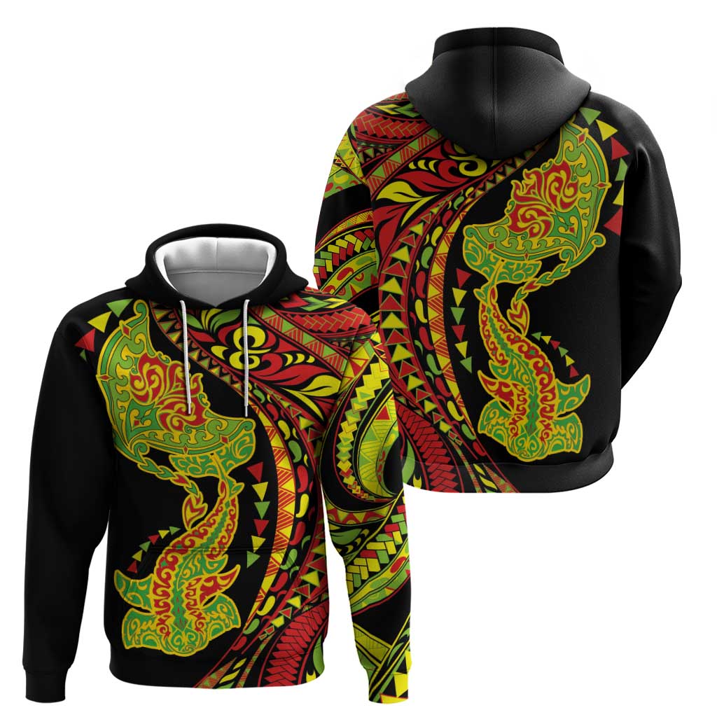 Hawaiian Manta Ray and Hammerhead Shark Tribal Tattoo Hoodie with Polynesian Tribal Pattern Kanaka Maoli Flag Color