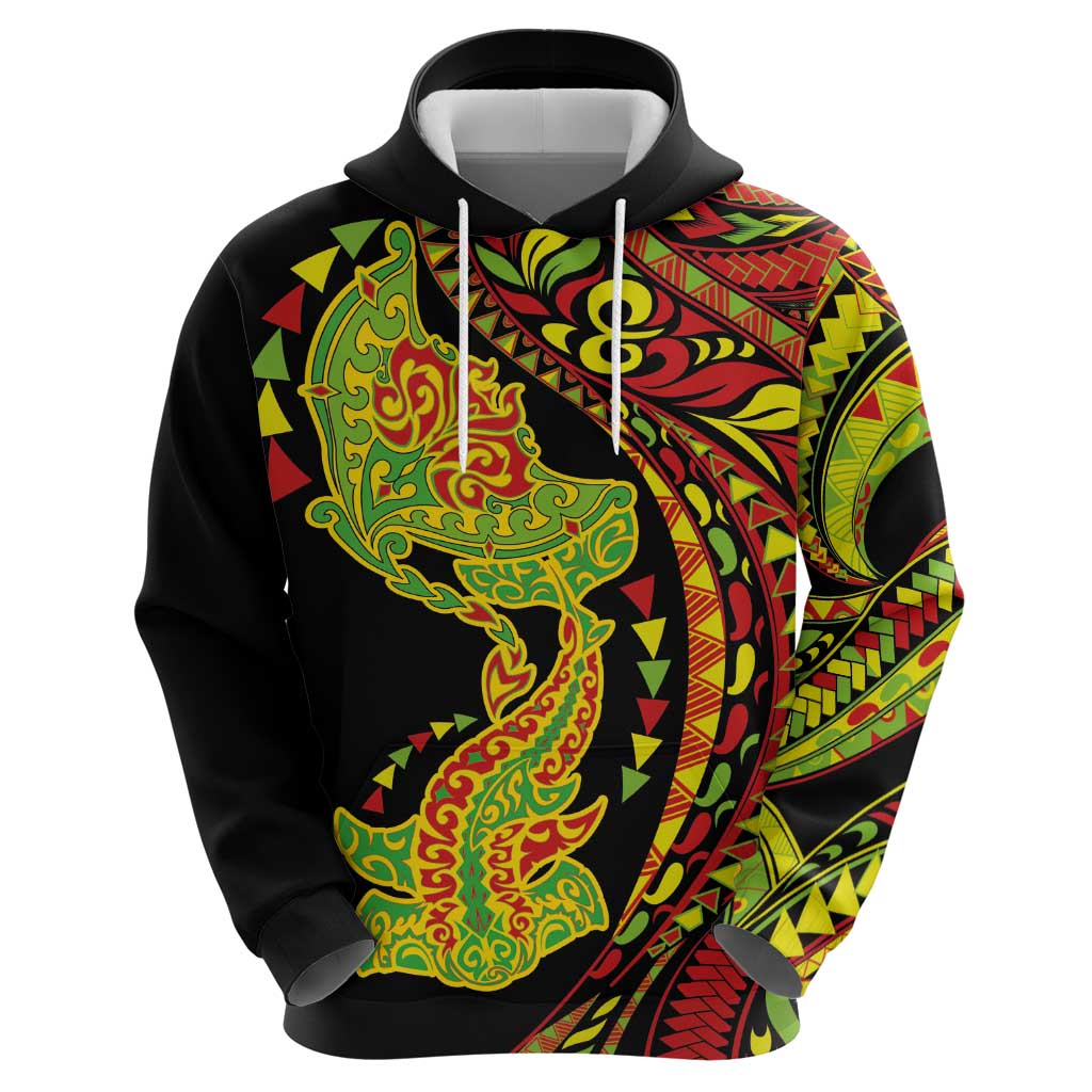 Hawaiian Manta Ray and Hammerhead Shark Tribal Tattoo Hoodie with Polynesian Tribal Pattern Kanaka Maoli Flag Color