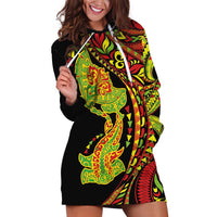 Hawaiian Manta Ray and Hammerhead Shark Tribal Tattoo Hoodie Dress with Polynesian Tribal Pattern Kanaka Maoli Flag Color