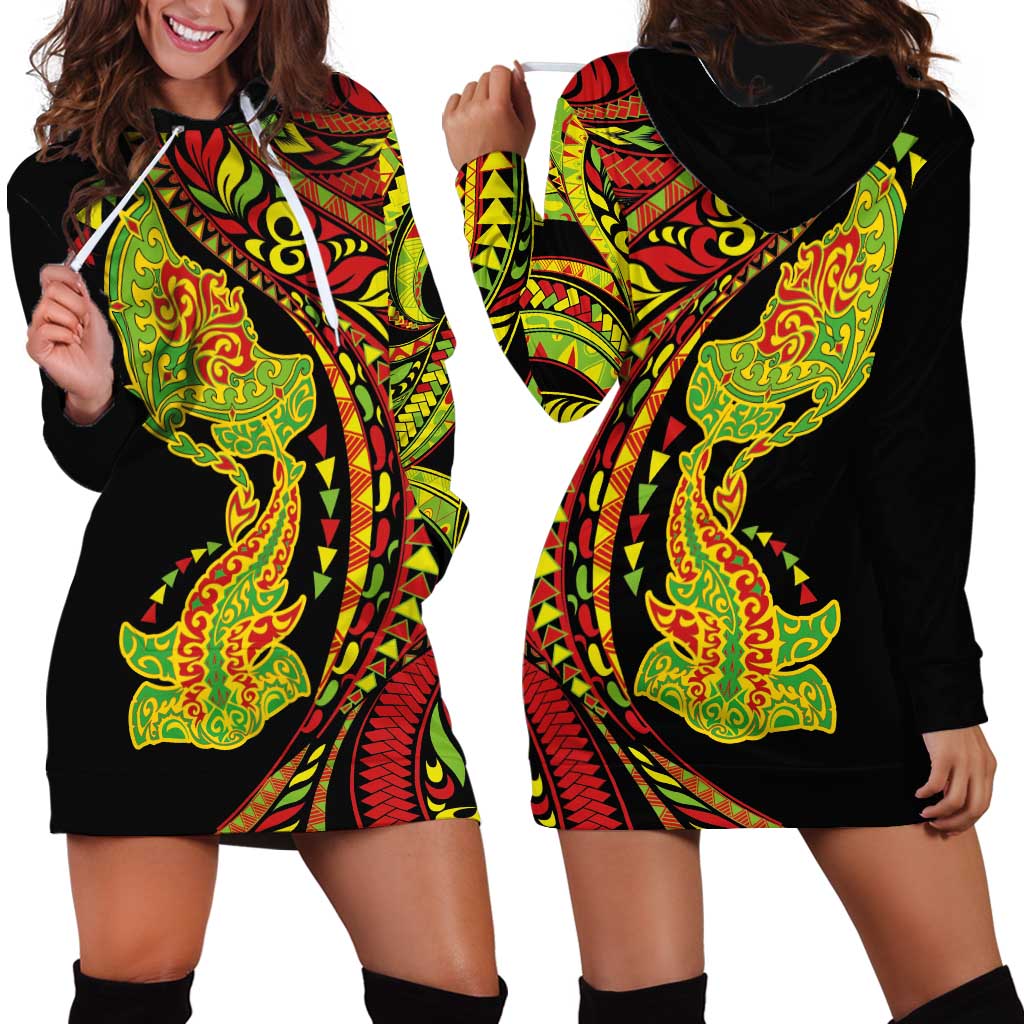 Hawaiian Manta Ray and Hammerhead Shark Tribal Tattoo Hoodie Dress with Polynesian Tribal Pattern Kanaka Maoli Flag Color