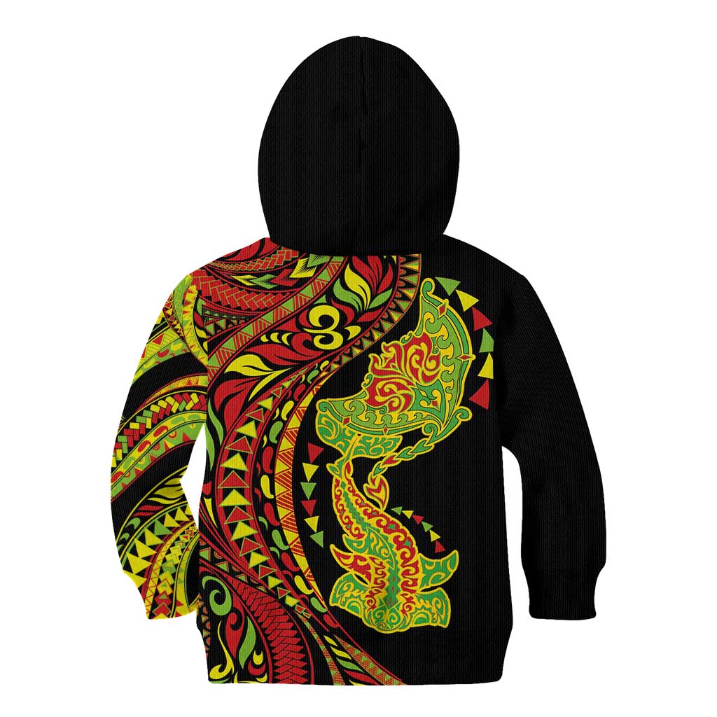 Hawaiian Manta Ray and Hammerhead Shark Tribal Tattoo Kid Hoodie with Polynesian Tribal Pattern Kanaka Maoli Flag Color