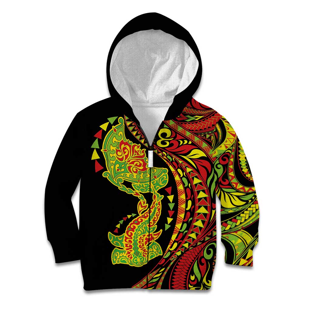 Hawaiian Manta Ray and Hammerhead Shark Tribal Tattoo Kid Hoodie with Polynesian Tribal Pattern Kanaka Maoli Flag Color