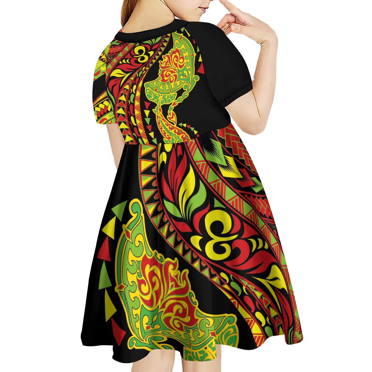 Hawaiian Manta Ray and Hammerhead Shark Tribal Tattoo Kid Short Sleeve Dress with Polynesian Tribal Pattern Kanaka Maoli Flag Color